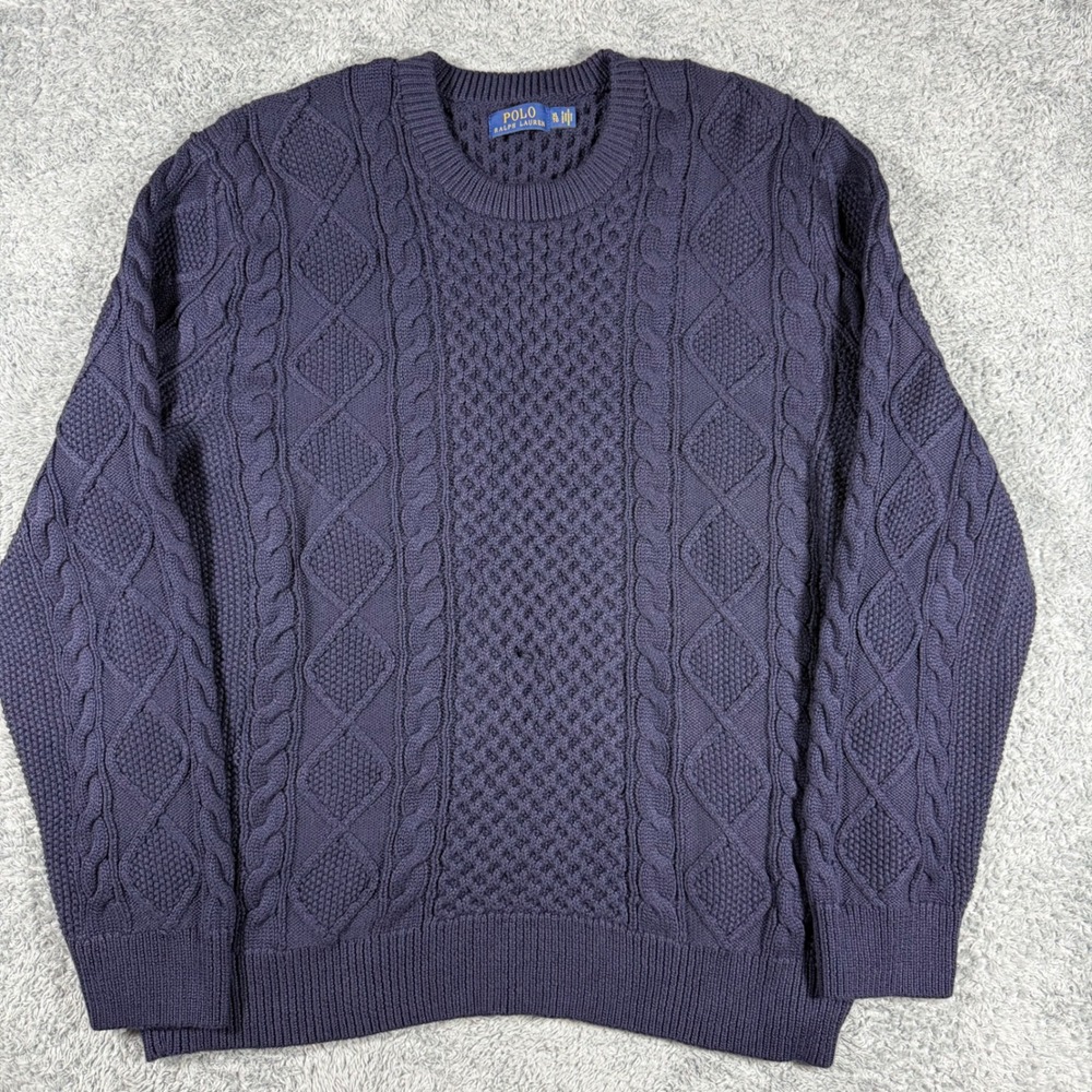 Polo Ralph Lauren Cable Knit Sweater Mens XL Navy Blue Crewneck Fisherman Heavy